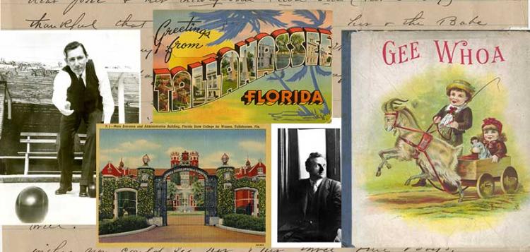 A mosaic of various items from the digital library including older pictures of FSU, a postcard for Tallahassee FL, and a man playing bocce