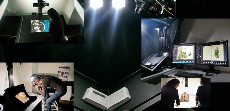 A mosaic of various pieces of technology in the digital library center, including a book scanner, a person taking a picture of an artifact, and a person editing images on computers