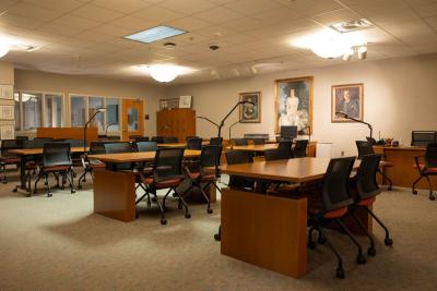 room with desks and chairs