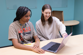 Two individuals collaborating at a table with a laptop.